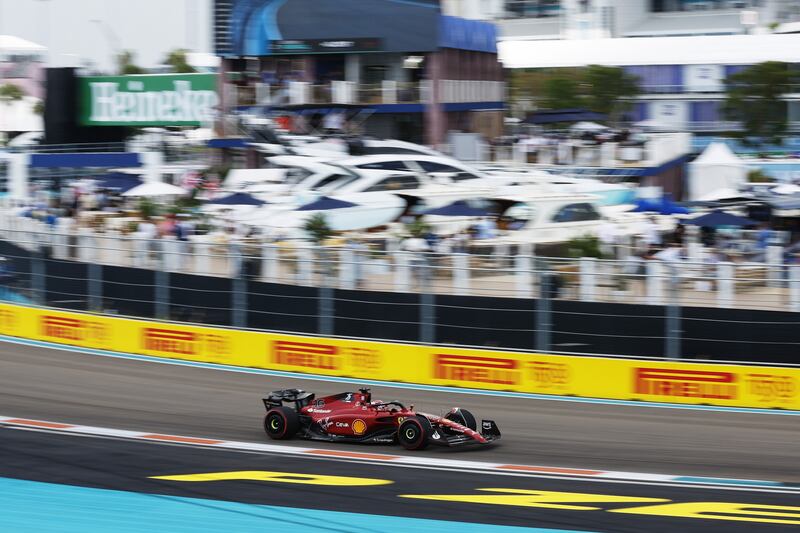 Ferrari driver Charles Leclerc on track during practice ahead of the F1 Grand Prix of Miami. AFP
