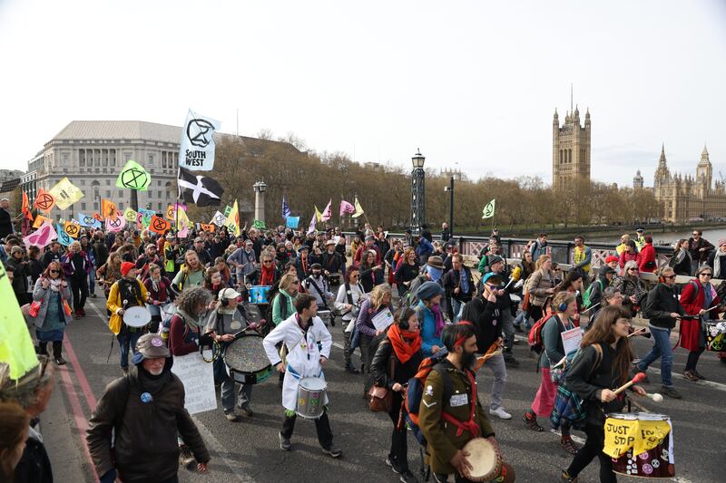 Extinction Rebellion protesters block Lambeth Bridge as part of their Spring 2022 UK Action on April 10 in London. Getty