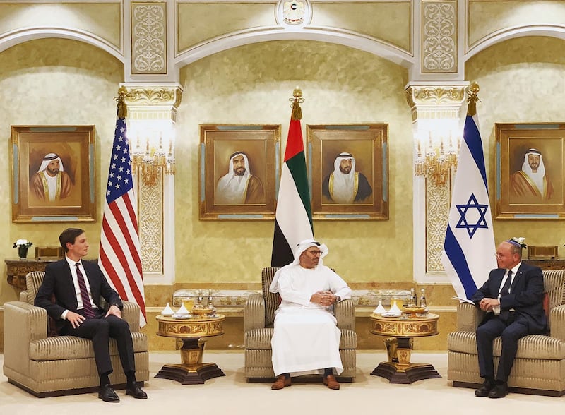 Senior White House adviser Jared Kushner, UAE Minister of State for Foreign Affairs Dr Anwar Gargash and head of Israel's National Security Council Meir Ben-Shabbat. Twitter/ @USAinUAE