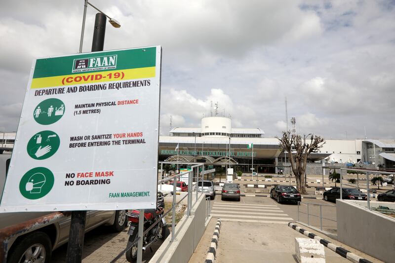 A FAAN (COVID-19) sign is seen at the domestic wing of the Nnamdi Azikiwe International airport during preparation ahead of the reopening of the airport for domestic flight operations that is scheduled for July 8, 2020 in Abuja, Nigeria July 6, 2020. REUTERS/Afolabi Sotunde