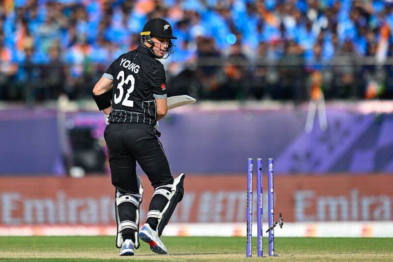 New Zealand's Will Young is clean bowled by India's Mohammed Shami. AFP