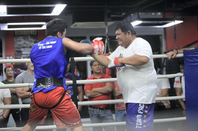 Eight-division boxing champion and Philippine Senator Manny Pacquiao trains for his upcoming fight against Adrien Broner at the Elorde Boxing Gym in Pasay City, Metro Manila.