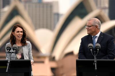 epa08401783 (FILE) - New Zealand Prime Minister Jacinda Ardern (L) and Australian Prime Minister Scott Morrison (R) speak to the media during a press conference at Admiralty House in Sydney, Australia, 28 February 2020 (reissued 05 May 2020). According to media reports, Australia and New Zealand discussed on 05 May about introducing a trans-Tasman bubble to allow travel between the two countries. The plan was set in motion after Ardern reportedly stressed out that the New Zealand border will be closed for a long time, amid the ongoing coronavirus pandemic.  EPA/BIANCA DE MARCHI  AUSTRALIA AND NEW ZEALAND OUT