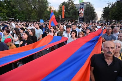 Demonstrators rally to demand the reopening of a blockaded road linking the Nagorno-Karabakh region to Armenia in Yerevan. AFP