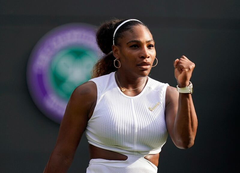 epa07695448 Serena Williams of the US scores against Kaja Juvan of Slovenia in their second round match during the Wimbledon Championships at the All England Lawn Tennis Club, in London, Britain, 04 July 2019. EPA/WILL OLIVER EDITORIAL USE ONLY/NO COMMERCIAL SALES