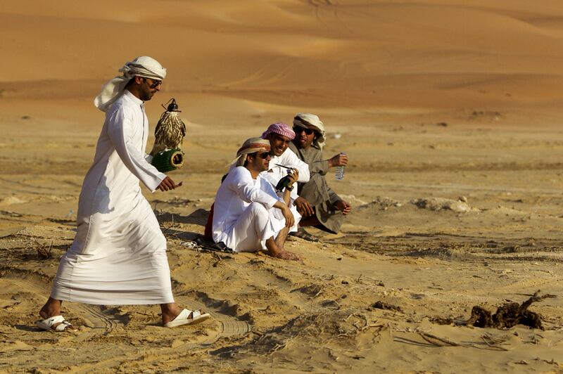 Falconers participate in the Fazza Championship for Falconry during the Liwa International Festival near the Tel Mareeb dune. Christopher Pike / The National