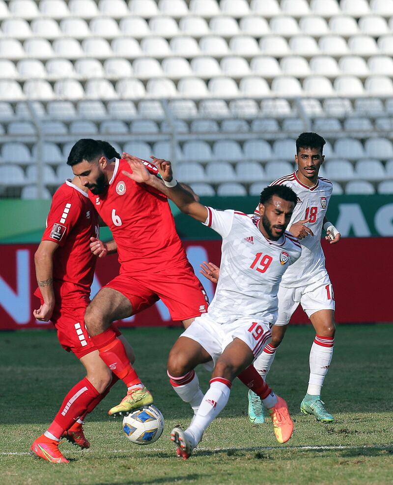 Lebanon's Mohammed Dhaini and UAE midfielder Tahnoon Al Zaabi. AFP