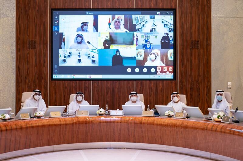 The UAE Cabinet speaks to teachers and pupils from schools across the UAE during the first week of the new academic year. Courtesy: Dubai Media Office