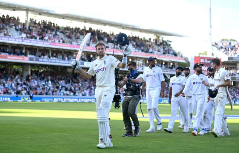 England captain Joe Root leaves the field at stumps after making 180 runs during day three of the second Test against India at Lord's on Saturday, August 14, 2021.