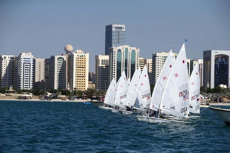 Start of the women’s one person dinghy Laser radial fleet race during ISAF Sailing World Cup Finals at the Breakwater in Abu Dhabi on November 27, 2014. Christopher Pike / The National