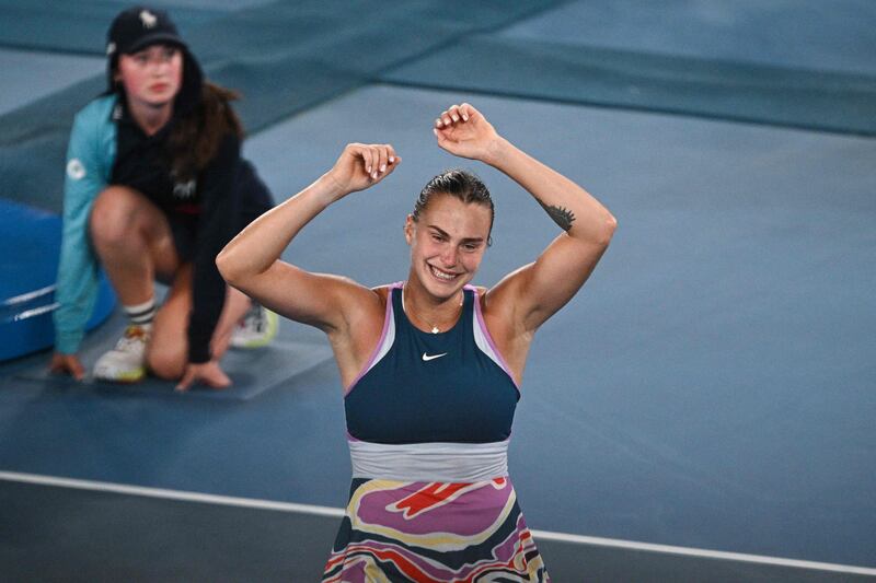 Aryna Sabalenka celebrates her victory against Kazakhstan's Elena Rybakina. AFP