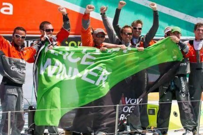 Franck Cammas, left, and his Groupama crew are a step closer to an overall win in the Volvo Ocean Race after taking the in-port race at their home port of Bretagne. The final leg of the round-the-world event starts Sunday when the fleet heads to Galway, Ireland.