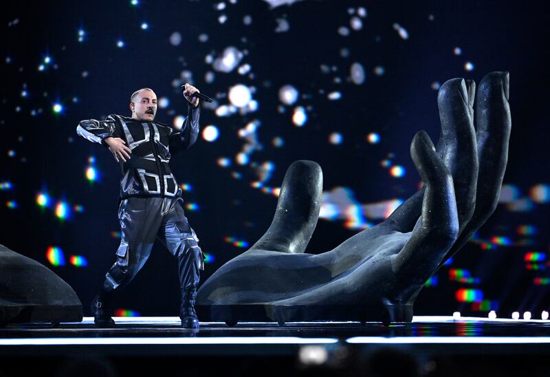 Fahree featuring Ilkin Dovlatov, representing Azerbaijan, takes to the stage at the Malmo Arena. EPA