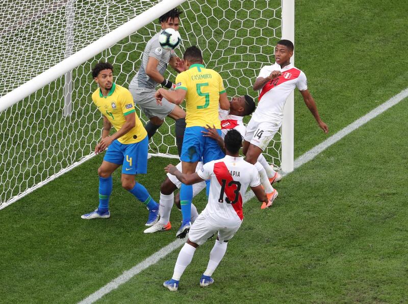 Brazil's Casemiro opens the scoring with a header after a goalmouth scramble on 12 minutes. Reuters