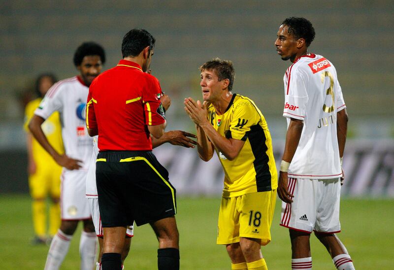 Emiliano Alfaro of Al Wasl appeals against a decision during the Etisalat Pro League match between Al Wasl and Al Jazira at Zabeel Stadium, Dubai on the 9th November 2012. Credit: Jake Badger for The National