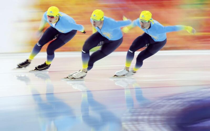 Members of Kazakhstan's speedskating team practise at the Adler Arena ahead of the 2014 Sochi Winter Olympics on Friday. Issei Kato / Reuters  