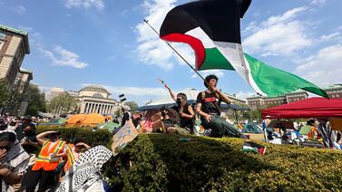 Demonstrators rally at a pro-Palestinian protest camp on the Columbia University campus in New York. AP