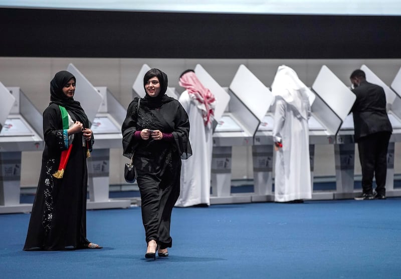 Abu Dhabi, United Arab Emirates, October 5, 2019.  
FNC Elections at ADNEC. -- Voters leaving the FNC hall after they cast their votes.
Victor Besa / The National
Section:  NA
Reporter:  Haneen Dajani