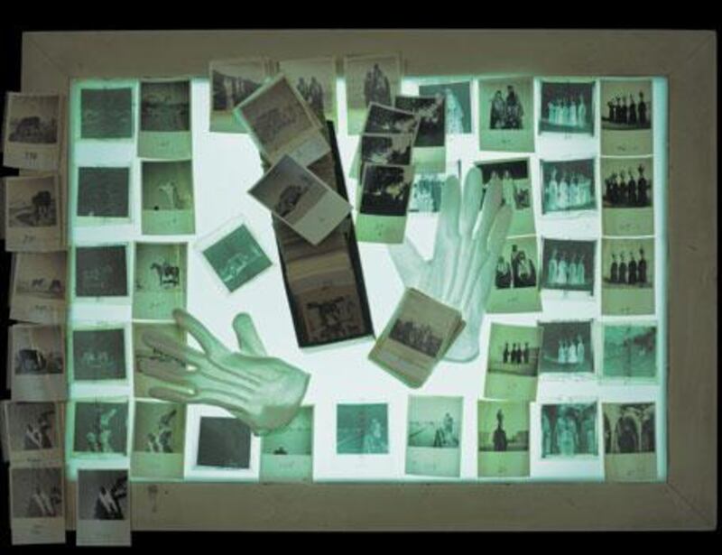 This image, from the 2007 series The Desert Panorama, shows some of the vintage photographic material, including negatives and contact sheets by the Armenian photographer Manoug, that Zaatari explores in the 2003 video This Day, which draws on the archives of the Arab Image Foundation in Beirut.