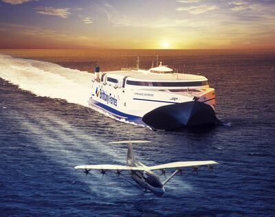 A handout picture released by Regent - Brittany Ferries company on June 12, 2021, shows an artist concept depicting the Seaglider (front), a 100% electric flying boat created by the US REGENT (Regional Electric Ground Effect Nautical Transport) start-up based in Boston. Brittany Ferries signed a partner agreement to participate in the development of the Seagliders which will welcome from 50 to 150 passengers for trips between Great Britain and France within 2028. - RESTRICTED TO EDITORIAL USE - MANDATORY CREDIT "AFP PHOTO / REGENT - BRITTANY FERRIES " - NO MARKETING - NO ADVERTISING CAMPAIGNS - DISTRIBUTED AS A SERVICE TO CLIENTS
 / AFP / REGENT - BRITTANY FERRIES / STR / RESTRICTED TO EDITORIAL USE - MANDATORY CREDIT "AFP PHOTO / REGENT - BRITTANY FERRIES " - NO MARKETING - NO ADVERTISING CAMPAIGNS - DISTRIBUTED AS A SERVICE TO CLIENTS
