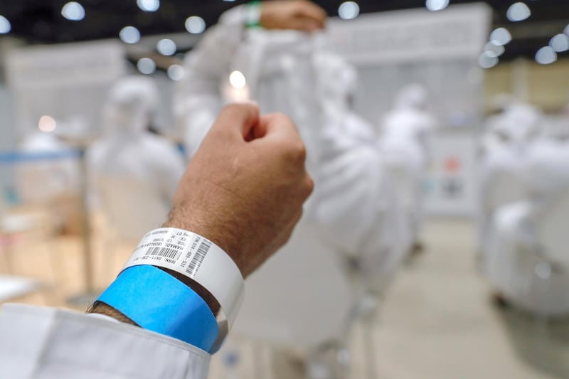 Abu Dhabi, United Arab Emirates, August 6, 2020.  A identification control wristband at the ADNEC volunteer facility. Victor Besa /The NationalSection: NAReporter:  Shireena Al Nowais