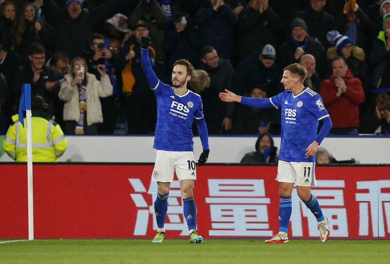 James Maddison celebrates scoring Leicester's second goal against Tottenham. Reuters