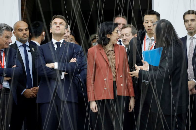 Mr Macron at the Red Brick Museum in Beijing. AP