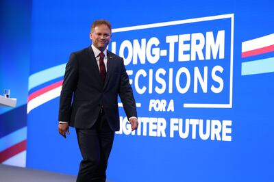 Grant Shapps arrives to speak on the opening day of the Conservative Party Conference in Manchester on Sunday. Bloomberg