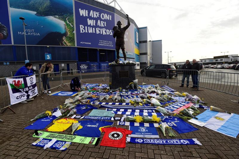 Tributes are left outside the Cardiff City Stadium for Sala in Cardiff, Britain. Reuters