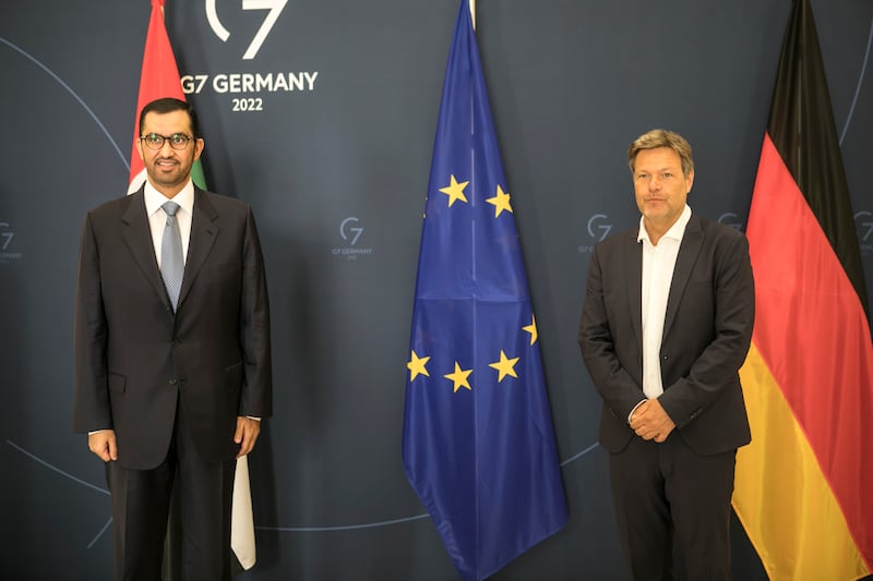 Dr Sultan Al Jaber, UAE Minister of Industry and Advanced Technology, and Robert Habeck, Germany's vice chancellor and economy minister, during their meeting in Berlin. Photo: Wam