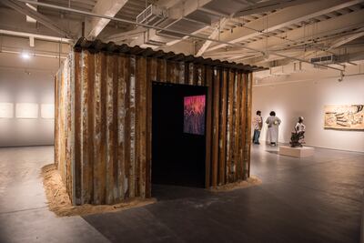 In Staple, at Hayy Jameel, Sancintya Mohini Simpson installed a corrugated iron sculpture with videos, inside, that reflected on the system of indentured labour on the sugar plantations in South Africa. Photo: Hayy Jameel