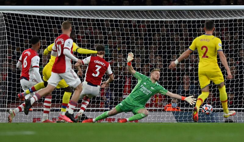 ARSENAL RATINGS: Aaron Ramsdale - 6: Not really tested until just before half-time when he saved well from a looping Gallagher volley. Left with no chance by Benteke’s fine finish but, arguably, should have done better with Edouard’s goal. AFP