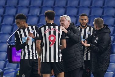 Newcastle United manager Steve Bruce talks to Joelinton. Reuters