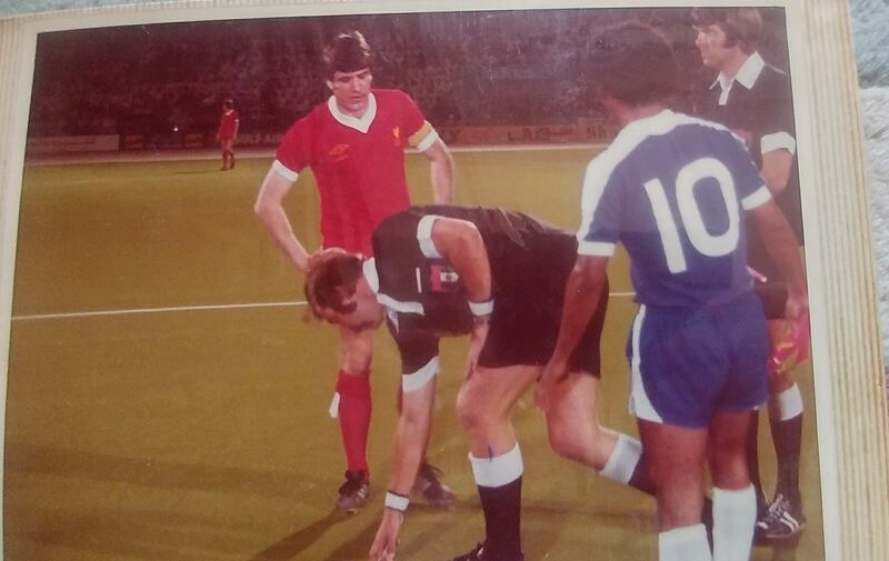 Martyn Lewis (back right) about to start referring the game between Liverpool and Al Nasr. Photo: Martyn Lewis