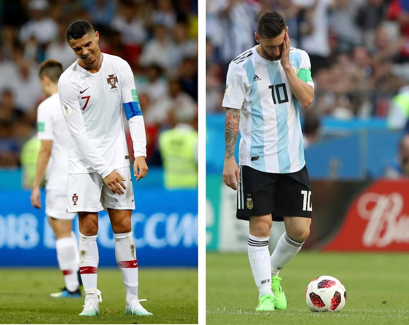 This combo photo shows Argentina's Lionel Messi, right, and Portugal's Cristiano Ronaldo reacting during their round of 16 matches respectively against France and Uruguay, at the 2018 soccer World Cup, at the Kazan Arena and at the Fisht Stadium in Sochi, Russia, Saturday, June 30, 2018. (AP Photo)