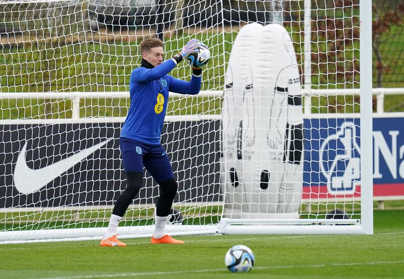 England's Jordan Pickford during a training session at St George's Park, Burton-on-Trent. PA
