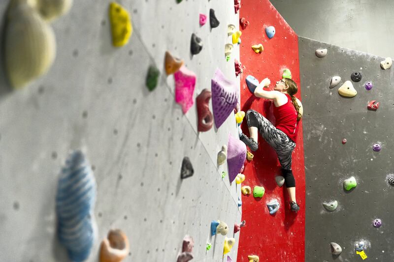 Dubai, United Arab Emirates, August 26, 2017:  Emily Garbutt, 12, of the UK competes during the finals of the  Boulder Bash climbing competition at Rock Republic climbing gym in the Dubai Investment Park area of Dubai on August 26, 2017. Bouldering is a form of climbing, that has no ropes, but focuses on very physical and technical problems closer to the ground and is one of the three disciplines that will be included in the 2020 Olympics. Christopher Pike / The National

Reporter: Roberta Pennington
Section: News