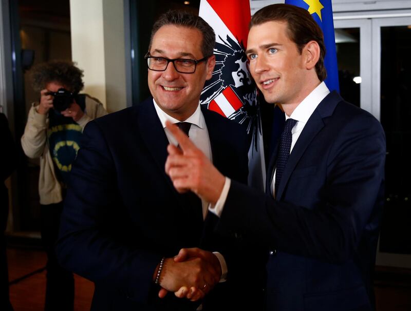 Head of the Freedom Party (FPOe) Heinz-Christian Strache (L) and head of the People's Party (OeVP) Sebastian Kurz shake hands after a news conference in Vienna, Austria, December 16, 2017. REUTERS/Leonhard Foeger