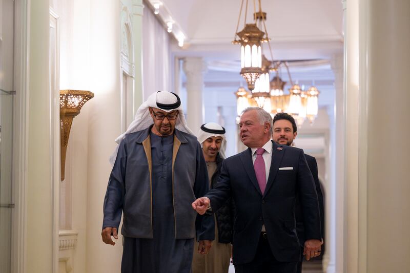 President Sheikh Mohamed with King Abdullah. Sheikh Hamdan bin Mohamed and Jordan's Crown Prince Hussein bin Abdullah also attended the meeting. 
