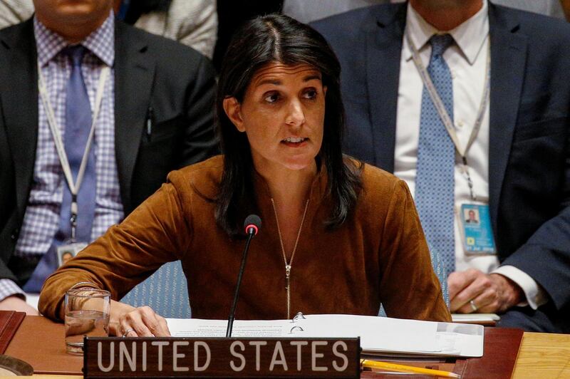U.S. Ambassador to the United Nations Nikki Haley speaks for a bid to renew an international inquiry into chemical weapons attacks in Syria, during a meeting of the U.N. Security Council at the United Nations headquarters in New York, U.S., November 17, 2017.  REUTERS/Brendan McDermid