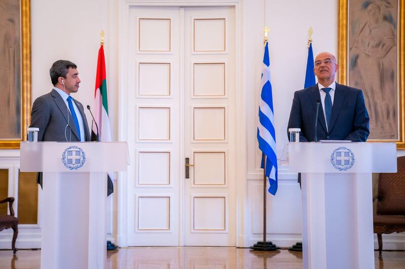 Sheikh Abdullah bin Zayed, Minister of Foreign Affairs and International Co-operation, and Nikos Dendias, Greek Minister for Foreign Affairs, give a joint statement on the diplomatic relationship between the UAE and Greece. Wam