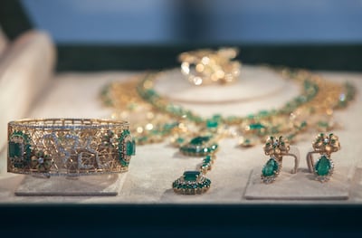 Several emerald-fitted jewels are also on display at the World Academy of Design booth. Leslie Pableo / The National