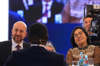 Charles Michel, President of the European Council, left, and Sri Mulyani Indrawati, Indonesia's finance minister, at the Berlin Global Dialogue. Bloomberg