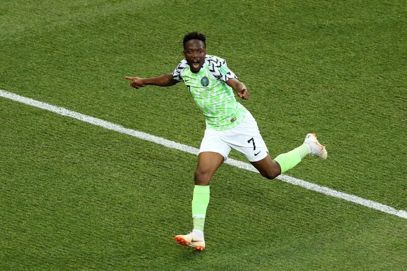 VOLGOGRAD, RUSSIA - JUNE 22:  Ahmed Musa of Nigeria celebrates after scoring his team's first goal during the 2018 FIFA World Cup Russia group D match between Nigeria and Iceland at Volgograd Arena on June 22, 2018 in Volgograd, Russia.  (Photo by Kevin C. Cox/Getty Images) ***BESTPIX***