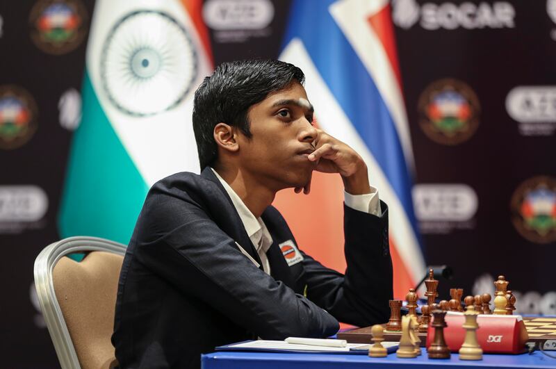 India's Rameshbabu Praggnanandhaa during his match against Norwegian world number one Magnus Carlsen, in Baku, on Wednesday. EPA