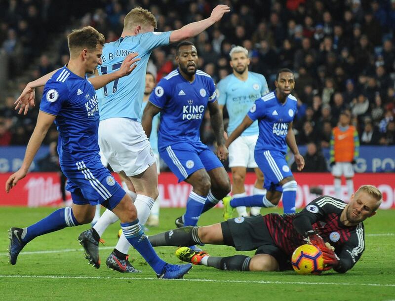 Leicester's Kasper Schmeichel makes a save ahead of Manchester City's Kevin De Bruyne. AP Photo