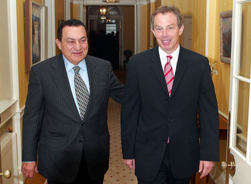 Prime Minister Tony Blair receives Egyptian president Hosni Mubarak at 10 Downing Street, London, in 2002. PA