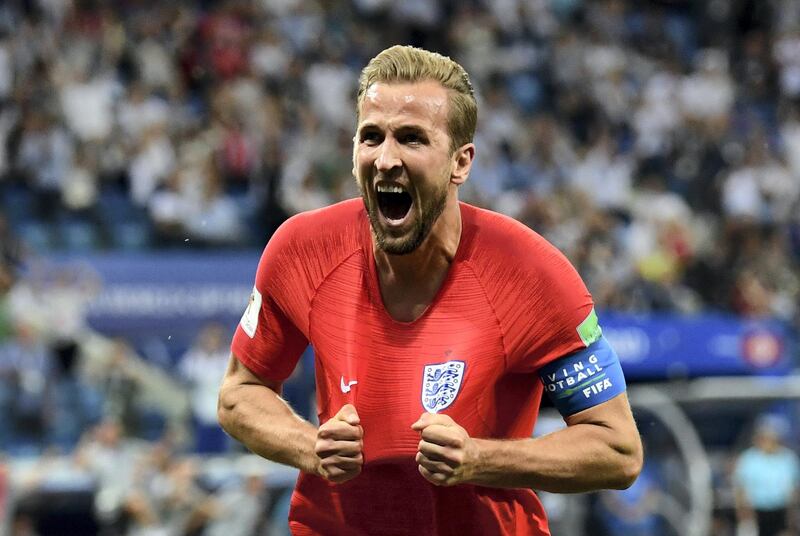 VOLGOGRAD, RUSSIA - JUNE 18:  Harry Kane of England celebrates after scoring his team's second goal during the 2018 FIFA World Cup Russia group G match between Tunisia and England at Volgograd Arena on June 18, 2018 in Volgograd, Russia.  (Photo by Matthias Hangst/Getty Images)