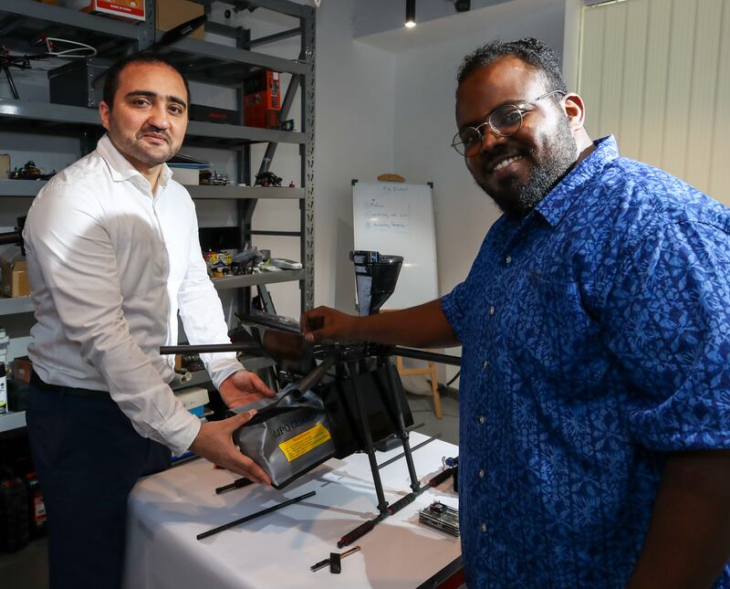 Mustafa Masri, founder of C-drones with R&D engineer Osama Yaser. Victor Besa / The National