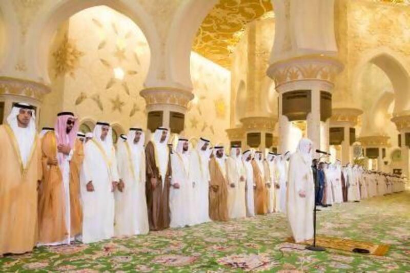 Sheikh Mohammed bin Zayed, Crown Prince of Abu Dhabi and Deputy Supreme Commander of the Armed Forces, was among the members of the Ruling family to attend Eid prayers at the Grand Mosque yesterday. Joining him were Sheikh Mansour bin Zayed, Deputy Prime Minister and Minister of Presidential Affairs; Sheikh Saif bin Zayed, Deputy Prime Minister and Minister of Interior; Sheikh Hamdan bin Zayed, Deputy Prime Minister and the Ruler's Representative in the Western Region; and Sheikh Abdullah bin Zayed, Minister of Foreign Affairs. Ryan Carter / Crown Prince Court - Abu Dhabi